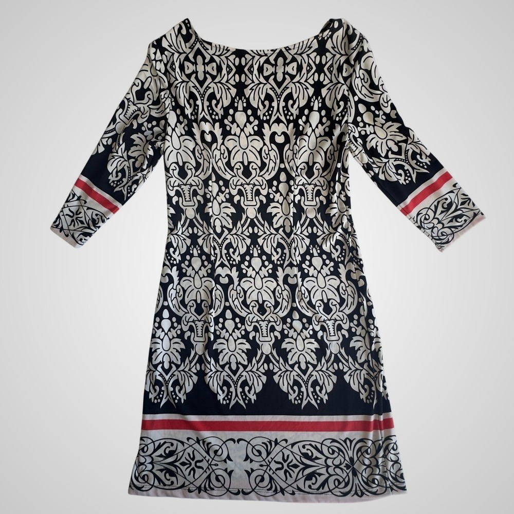 Damask Print 3/4 Sleeve Sheath Dress Black White Red Boat Neck Mini